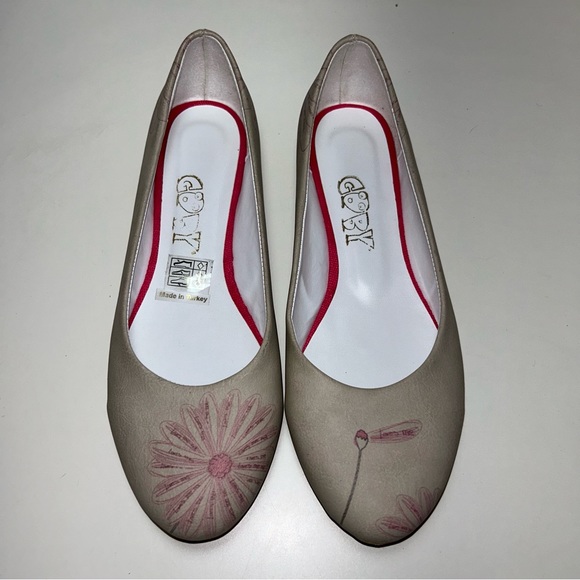 Goby Beige Pink Floral Faux Leather Slip On Ballerina Ballet Flats - Picture 2 of 12